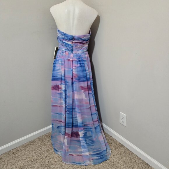 Sz 12 NWT JS Boutique Strapless Blue/Purple Watercolor Chiffon High-Low Gown - Picture 2 of 6